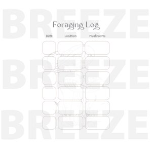 May include: A printable foraging log with sections for date, location, and mushrooms. The log has a simple design with a mushroom illustration.