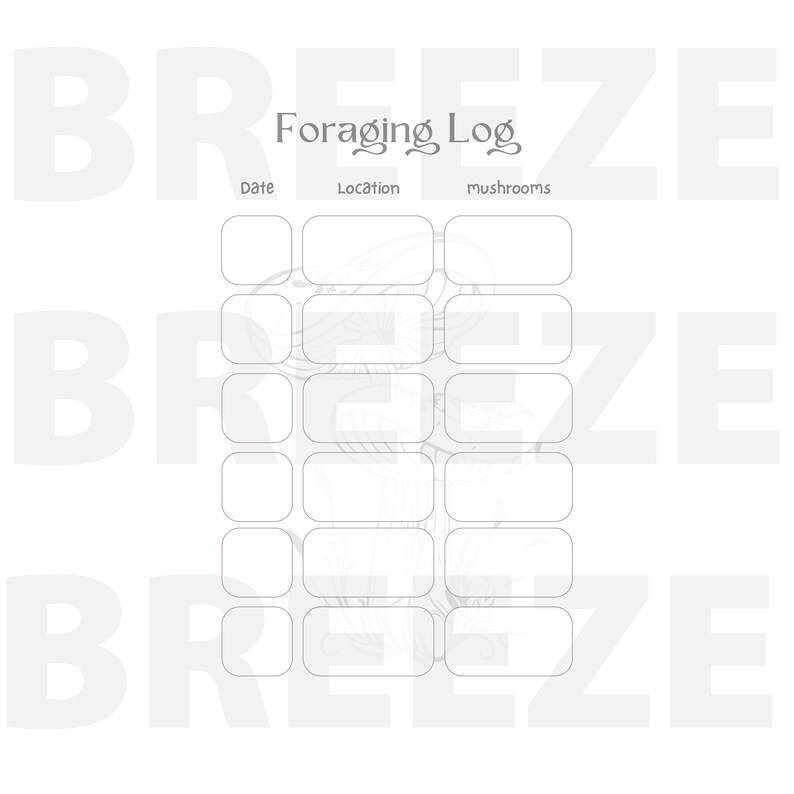 May include: A printable foraging log with sections for date, location, and mushrooms. The log has a simple design with a mushroom illustration.