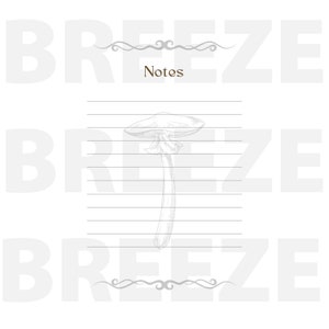 May include: A black and white line drawing of a mushroom on a lined sheet of paper with the word "Notes" at the top of the page.