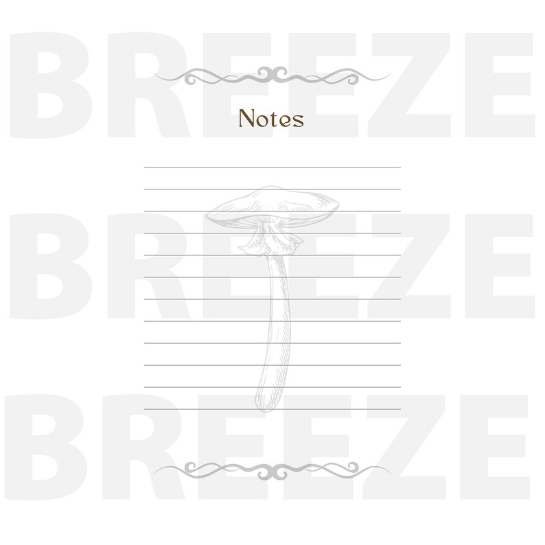 May include: A black and white line drawing of a mushroom on a lined sheet of paper with the word "Notes" at the top of the page.