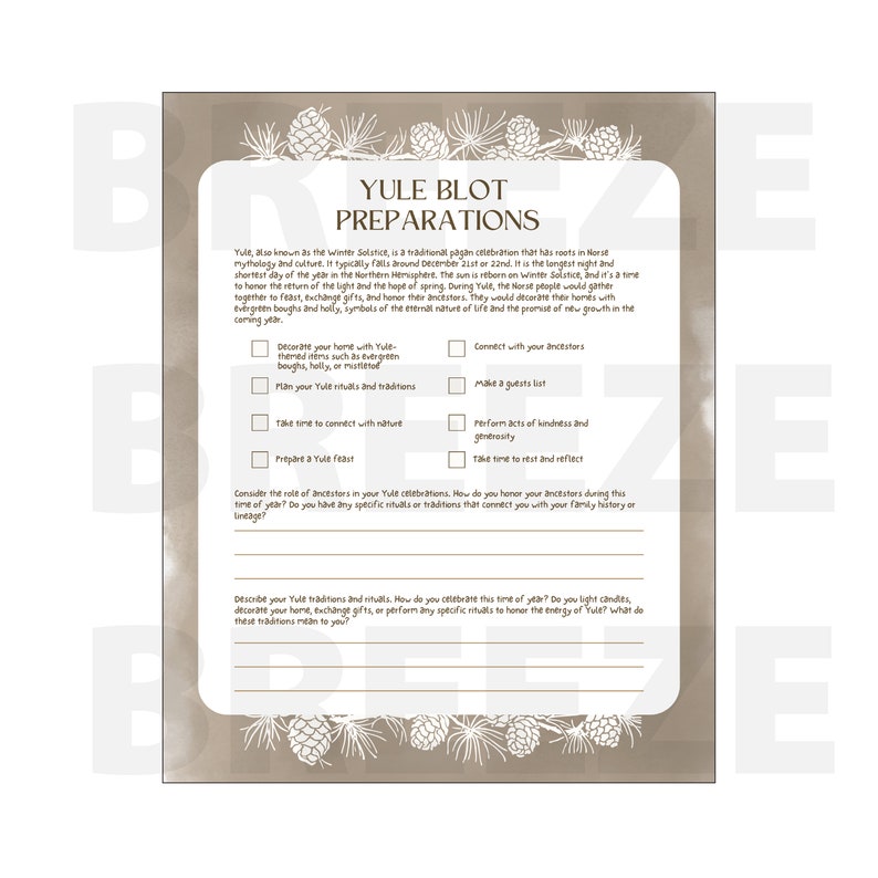 Puede incluir: Una lista de verificaci&oacute;n beige de Preparaciones de Yule Blot con texto y casillas de verificaci&oacute;n. El texto describe Yule, una celebraci&oacute;n pagana, e incluye indicaciones para decorar, rituales y conectar con los antepasados. Ilustraciones de pi&ntilde;as enmarcan el texto.