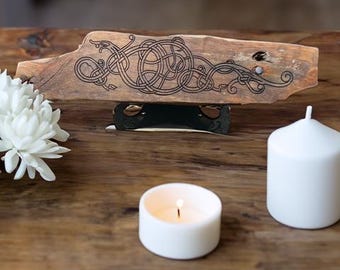 Large Norse Driftwood Decor with Stand – Handcrafted Urnes Style Serpent Driftwood Art with Unique Nail Detail – Norse-Inspired Decor