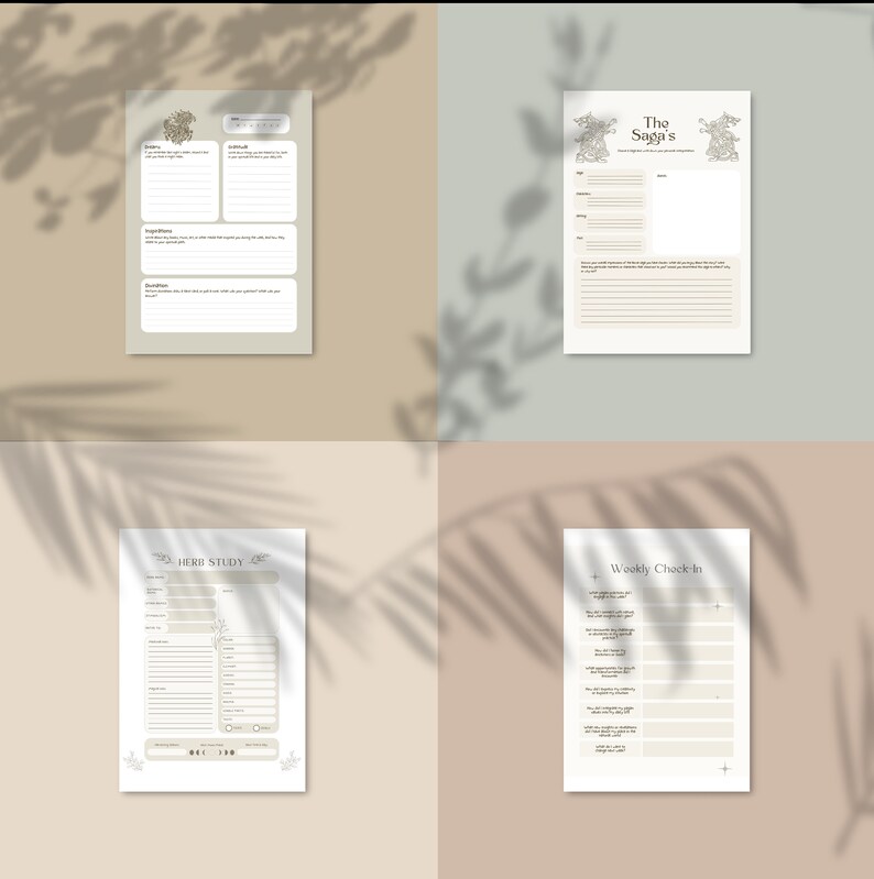 Puede incluir: Cuatro p&aacute;ginas de planificador imprimibles beige y blanco con texto y elementos decorativos. Una p&aacute;gina se titula "The Saga's", otra "Herb Study" y una tercera "Weekly Check-In". La cuarta p&aacute;gina tiene texto sobre ingredientes e instrucciones.