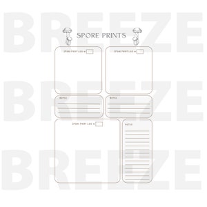 May include: A printable spore print log with three sections for recording spore prints and notes. The log is decorated with mushroom illustrations.