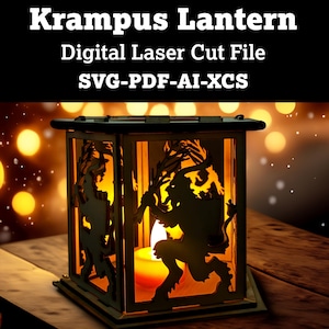 May include: A wooden lantern with the text "Krampus Lantern" and "Digital Laser Cut File SVG-PDF-AI-XCS". The lantern features cut-out silhouettes of Krampus figures and a lit candle inside, creating a warm glow.