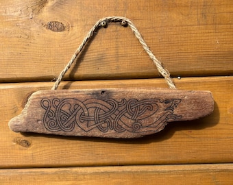 Handcrafted Driftwood - Viking Wall Hanging – Nordic Knotwork Wooden Sign| Norse Pagan Decor | 12” Nordic Knotwork Wooden Sign