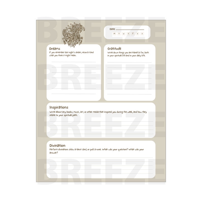 Puede incluir: Una p&aacute;gina de diario beige con secciones para Sue&ntilde;os, Gratitud, Inspiraciones y Adivinaci&oacute;n. El diario incluye indicaciones para registrar sue&ntilde;os, enumerar cosas por las que estar agradecido y reflexionar sobre las inspiraciones. La palabra "BREEZ" est&aacute; impresa en el fondo.