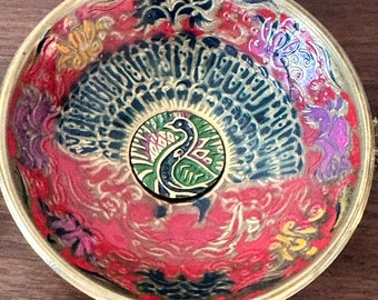Brass And Enamel Double Handled Footed Bowl Peacock Jerusalem