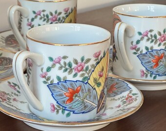 Vintage Mann Tobacco Leaf China Cups with Saucers, Set of 4