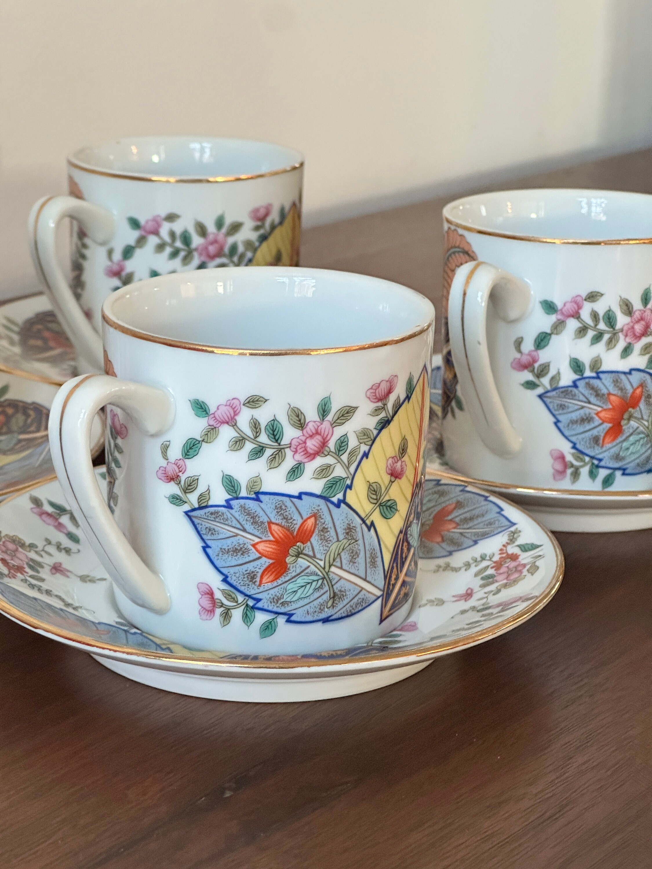 tobacco leaf china by mann Vintage Mann Tobacco Leaf China Cups With Saucers, Set of 4
