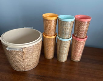 Vintage Raffia Ware Beverage Set ~ Ice Bucket and six (6) Tumblers