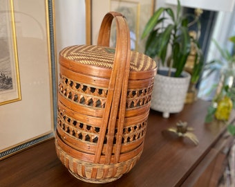 Large Vintage Three-tier Chinese Bamboo sewing/wedding basket
