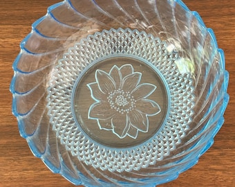 Vintage 1970s Blue Glass Flower Serving Bowl KIG Indonesia, Magnolia, Poinsettia