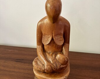 Mid-Century Mother & Child Hand Carved Wood Table Sculpture