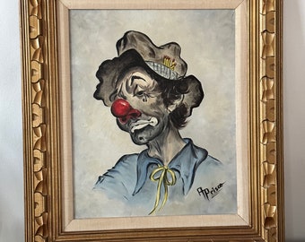 Mid Century Emmett Kelly Oil Painting Hobo Clown 1950s signed