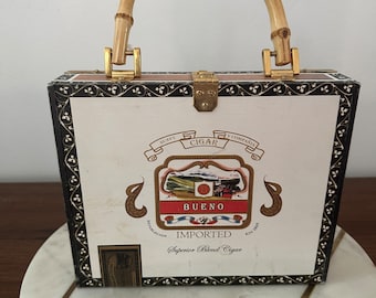 Cigar Handbag, Bamboo Handle, Red & White Lining, Nice Brass Corners and Closure Clasp