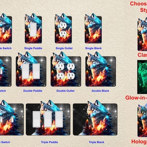 May include: A set of wolf-themed light switch and outlet covers in various styles, including classic, glow-in-the-dark, and holographic. The covers feature a wolf with blue and orange flames against a black background with stars.