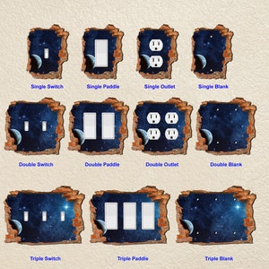 May include: A set of 12 decorative wall plates featuring a space-themed design with a blue and black background, stars, and a planet. The plates are designed to fit over light switches and electrical outlets. The plates are available in single, double, and triple switch and outlet configurations.