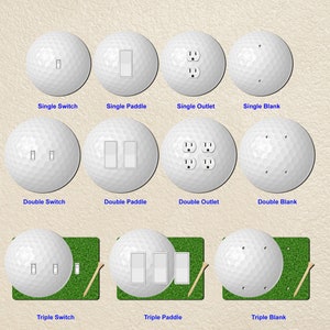 May include: Nine golf ball-shaped wall plates with different switch and outlet configurations. The plates are white and have a dimpled texture. The plates are labeled with the number of switches or outlets they have, such as "Single Switch", "Double Paddle", and "Triple Blank".