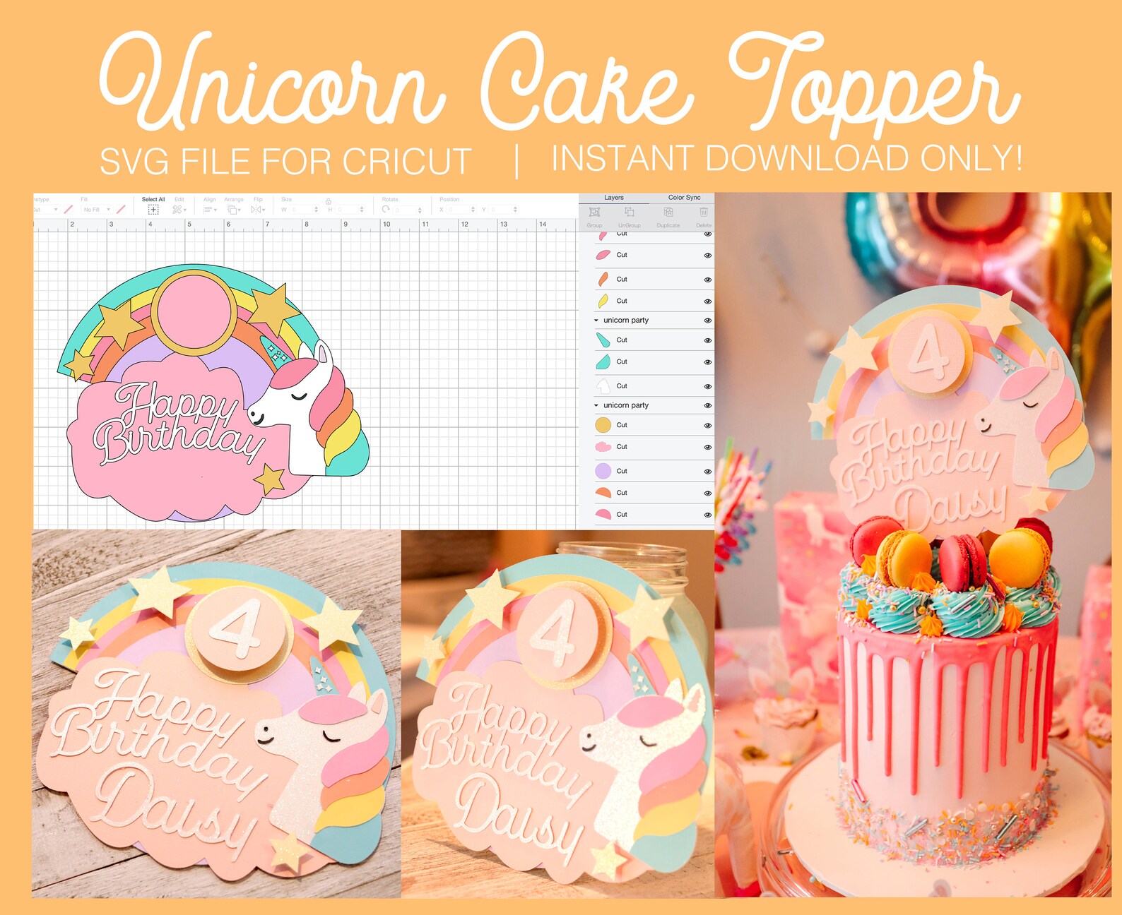 Unicorn Party Cake Topper SVG Instant Download File for Cricut | Etsy
