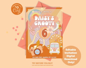 May include: A colorful invitation for a 6th birthday party with the theme "Daisy's Groovy". The invitation features a rainbow, a peace sign, a camera, a van with peace signs, and roller skates. The text on the invitation reads "You're invited to Daisy's Groovy 6th Birthday Party! Saturday, July 30, 2022, 4PM, 1234 Main Street, America City, CA 12345. Try before you buy! (Copy and paste demo link in description). Editable Invitation Digital Download Only!"