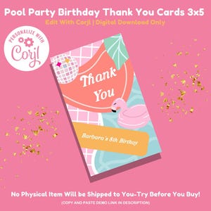 Editable Pool Party Birthday Thank You Card - Instant Download | Corjl | Palm Springs