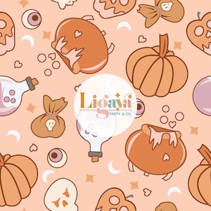 May include: A seamless pattern featuring Halloween-themed illustrations in orange, brown, and white on a peach background. The pattern includes pumpkins, cauldrons, potion bottles, eyeballs, and a skull. The text "Ligaya Party & Co." is featured in a circle.
