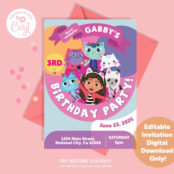 Gabby's Dollhouse Digital Invitation Template | Downloadable | Editable | Corjl Template | Cartoon Birthday Party Theme