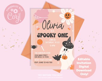 May include: Pink and orange printable Halloween party invitation with a ghost wearing a witch hat and holding a pumpkin. The invitation says "Olivia is a Spooky One" and includes the date and time of the party. The text "Editable Invitation Digital Download Only!" is also included.