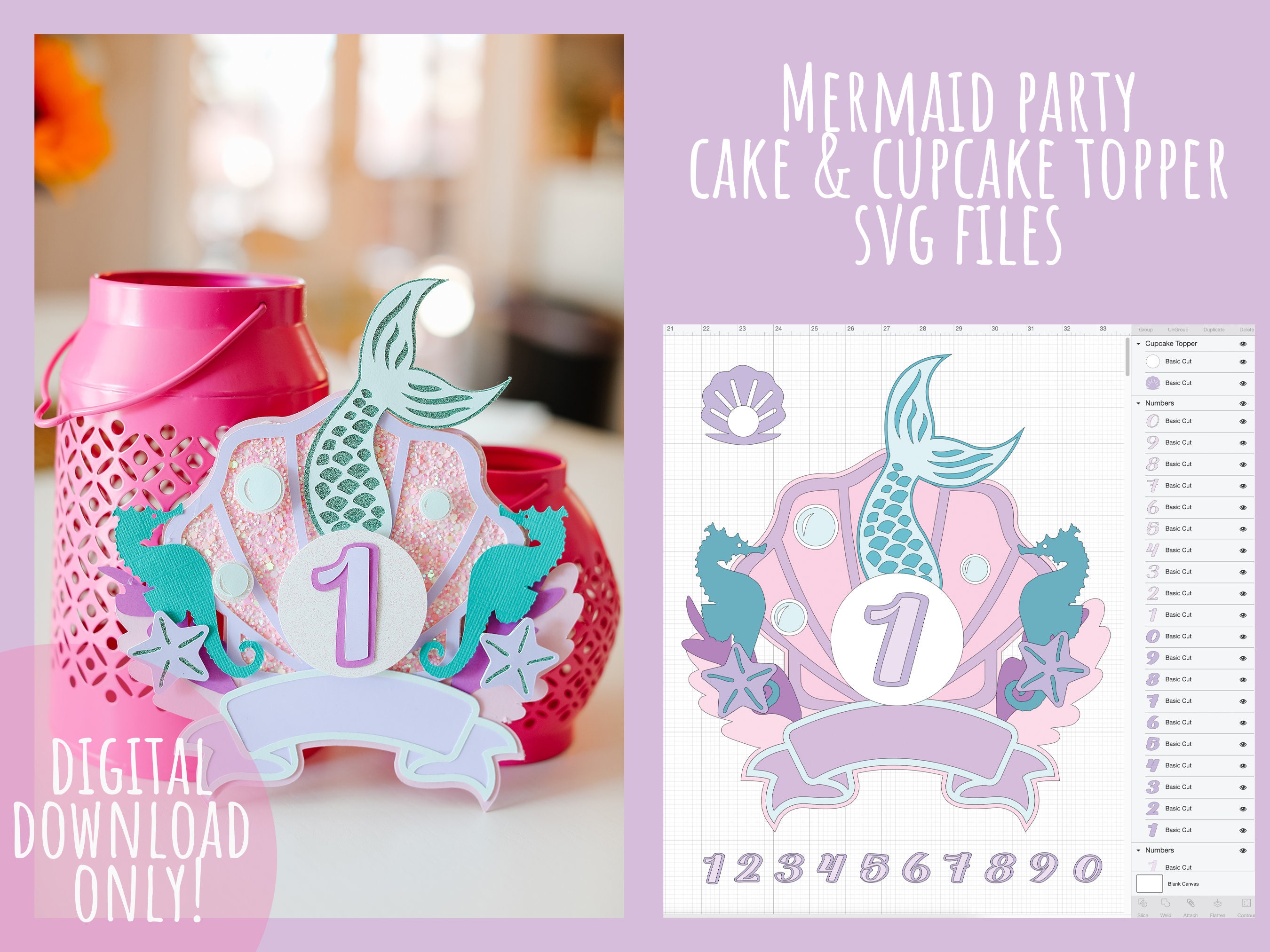 Mermaid Birthday Party Cake Topper SVG Instant Download File for Cric…