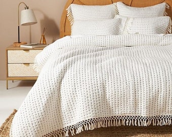 White Cotton Comforter King Quilt Handmade 100% Cotton Padded Kantha Quilt Boho Coverlet Kantha Bedding Bohemian Bedspread, Queen Comforter