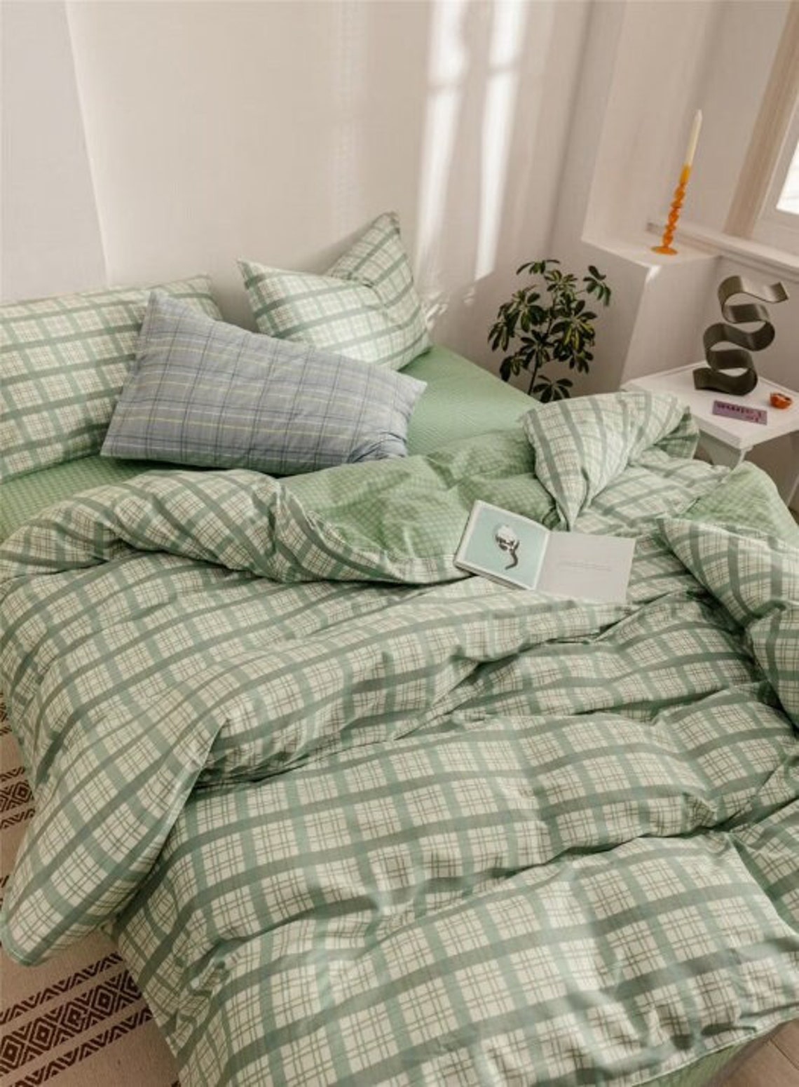4 Pc Mint Green Plaid Duvet Cover 100% Cotton Bedding Set - Etsy