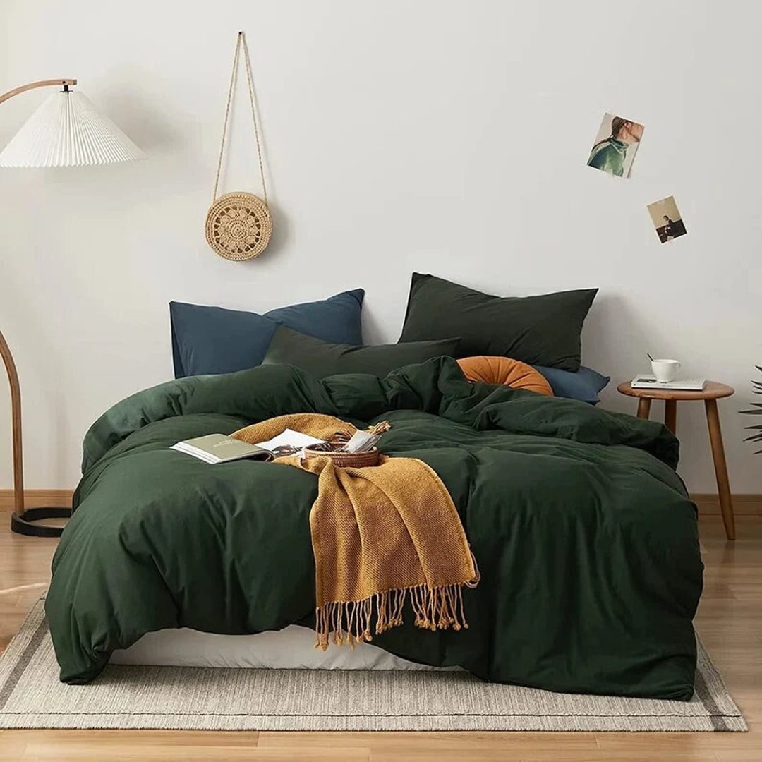 6 Pcs Cotton Duvet Cover Forest Green Bedding Set King Comforter Cover