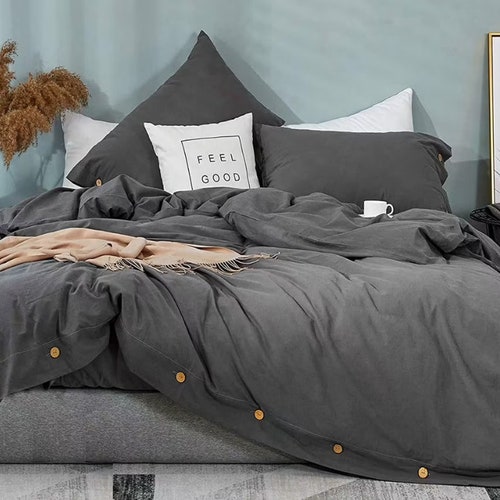 Dark Grey Washed Cotton Duvet Cover Set 