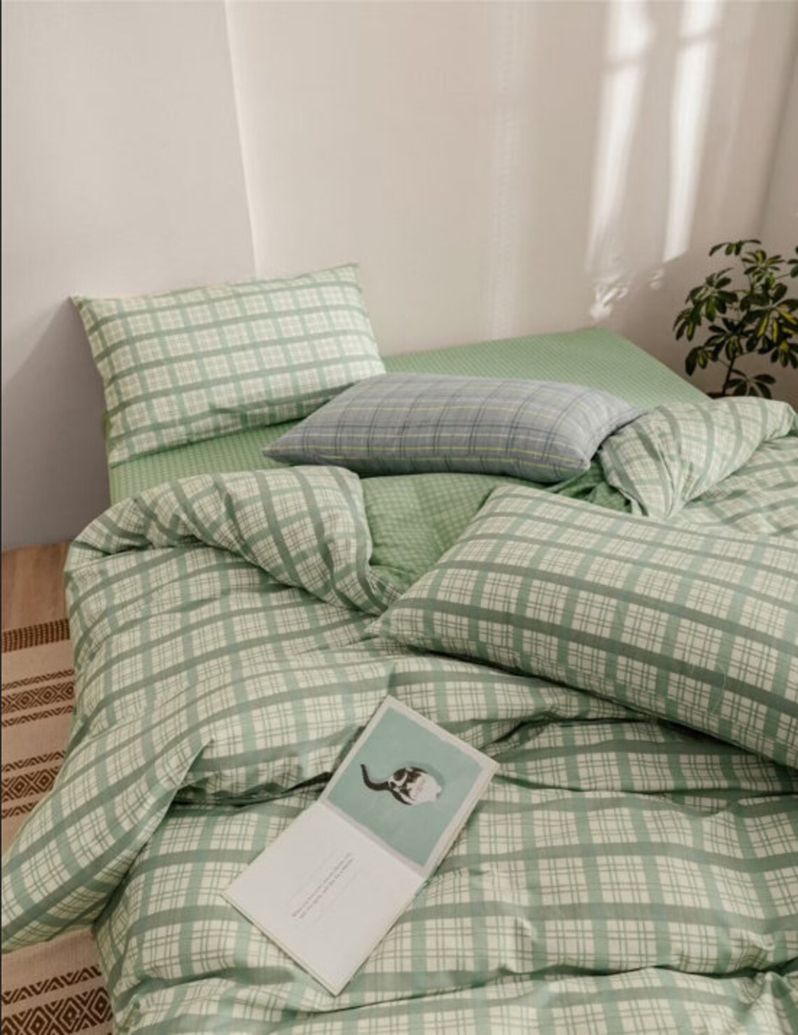 4 Pc Mint Green Plaid Duvet Cover 100 Cotton Bedding Set Etsy