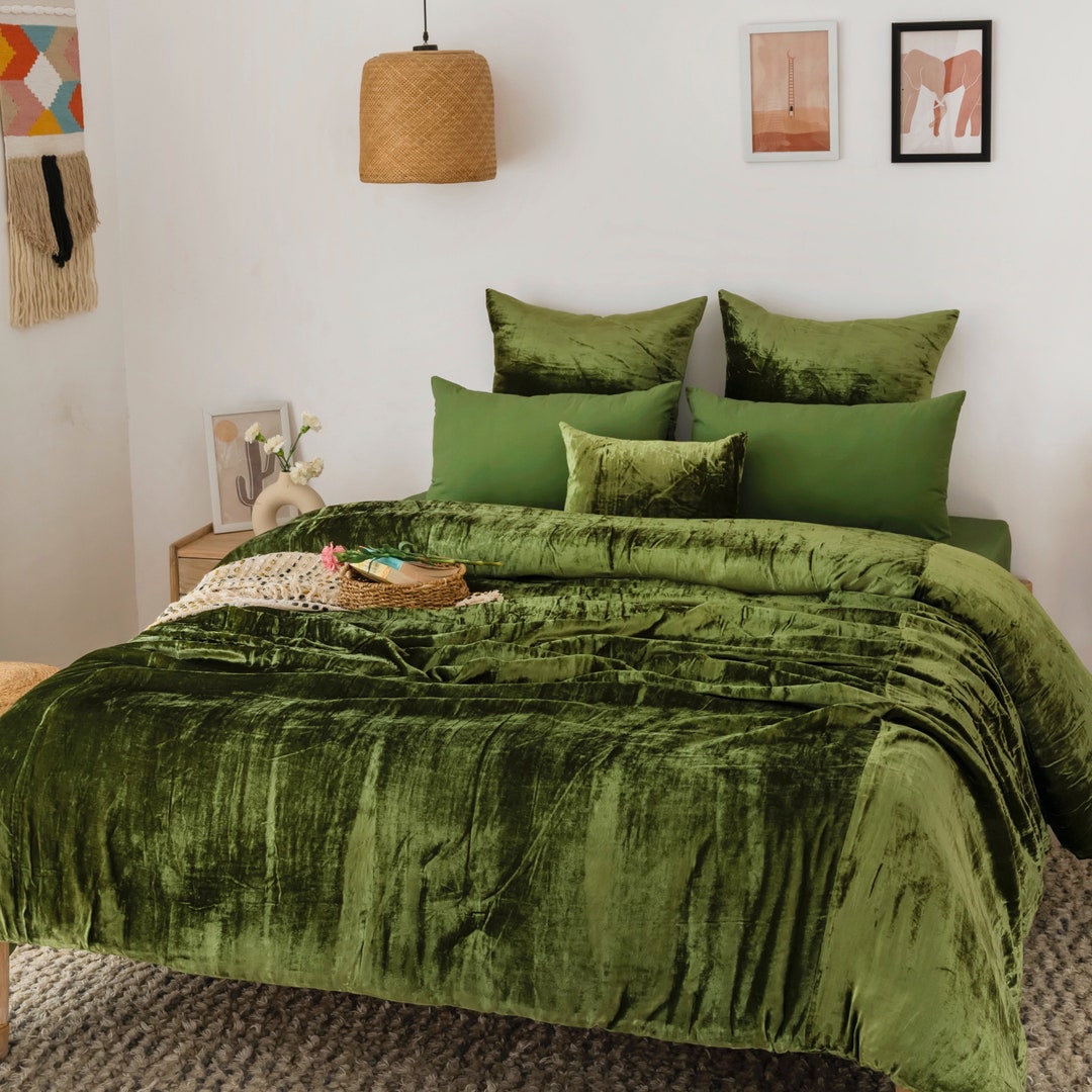 3 Pieces Set Luxury Crushed Moss Green Velvet Duvet Cover Boho Etsy