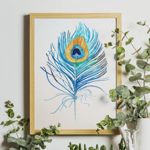 Peacock Feather Art Print, Instant download, Peacock Wall Art, Watercolor Printable feather, Boho Decor