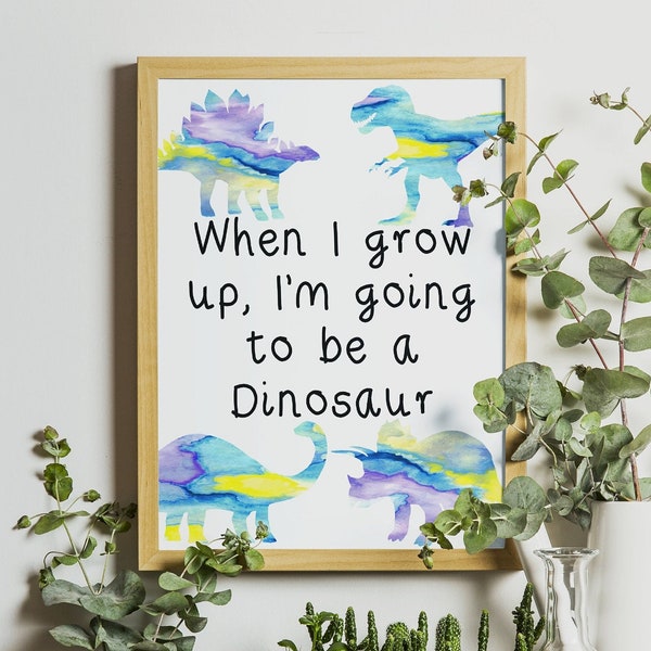 Dinosaur Printable Wall Art , Quand je grandis, Téléchargement instantané, Affiche de classe, Rainbow Watercolor Painting, Kids Room Dinosaur Clipart