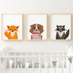 Set of 3 Fox Dog Raccoon Nursery Wall Art Prints Woodland Decor Forest Digital Print