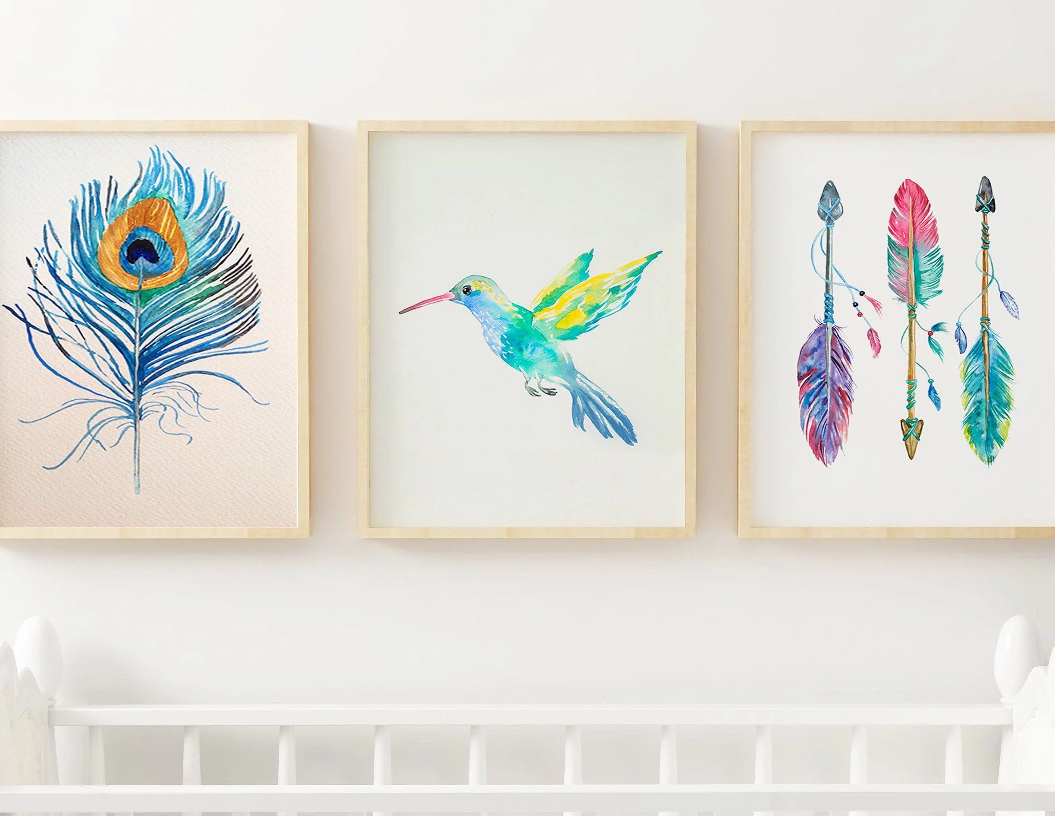 Set of 3 Peacock Feather Hummingbird Boho Chic Watercolor Wall Art ...