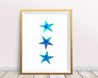 Blue Indigo Starfish Wall Decor, Digital Download, Ocean Animal Prints, Starfish Watercolor, Coastal Printable