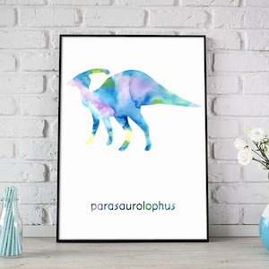 Parasaurolophus Watercolor Print, Dinosaur Decor, Instant Download, Printable Wall Art, Classroom Clipart Print, Nursery Decor