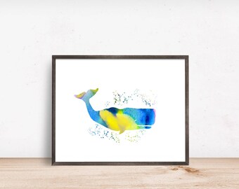 Azul ballena acuarela pintura, vivero impresión de decoración, océano costero, playa náutica arte de la pared, descarga instantánea digital