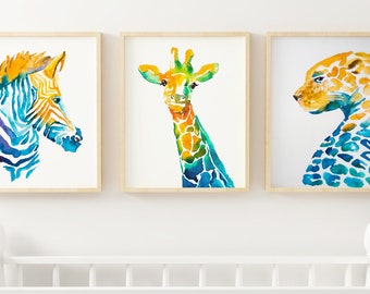 Set of 3 Jungle Watercolor Safari Nursery Decor Zebra Art Print Giraffe Painting Prints