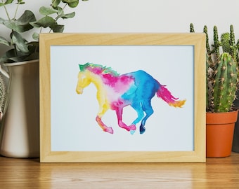 May include: A framed watercolour painting of a colourful horse running. The horse is painted in shades of yellow, pink, blue, and green.