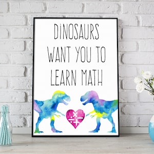 Math Dinosaurs Printable Wall Art, Instant Download, Classroom Watercolor Print, Nursery Decor, Rainbow Math Dinosaur Clipart
