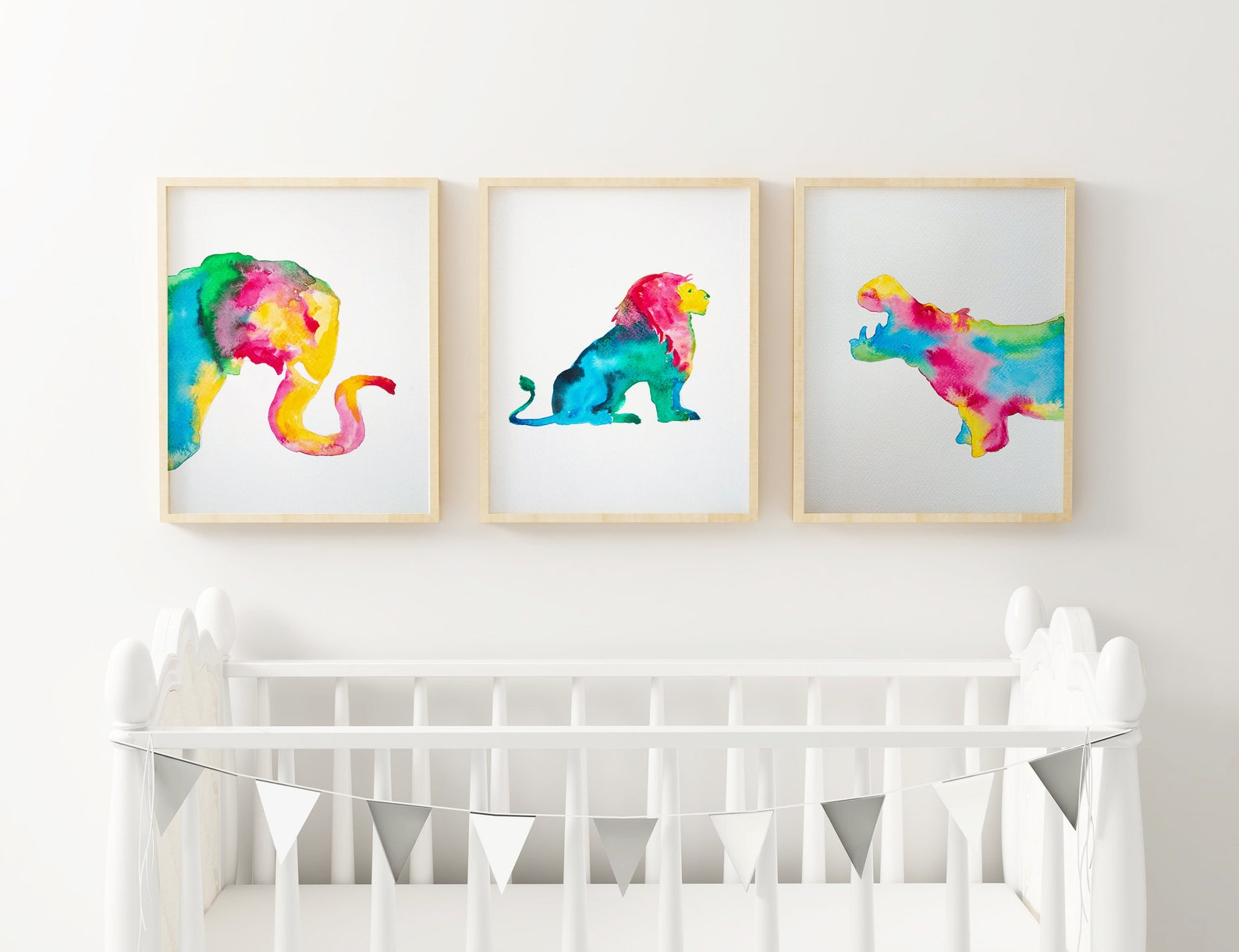 Set of 3 Jungle Art Print Safari Nursery Decor Elephant Watercolor Lion ...