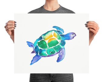 Watercolor Ocean Sea Turtle Painting Poster Tropical Beach Coastal Wall Art Decor