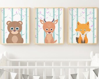 Bear Deer Orange Fox Nursery Wall Art, Instant Download, Set of 3 Three Peekaboo Animals, Woodland Nursery Decor, Forest Kids Room