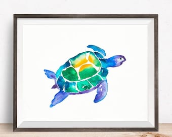 海に向かって走るウミガメ | パステルカラーの沿岸のカメの絵画